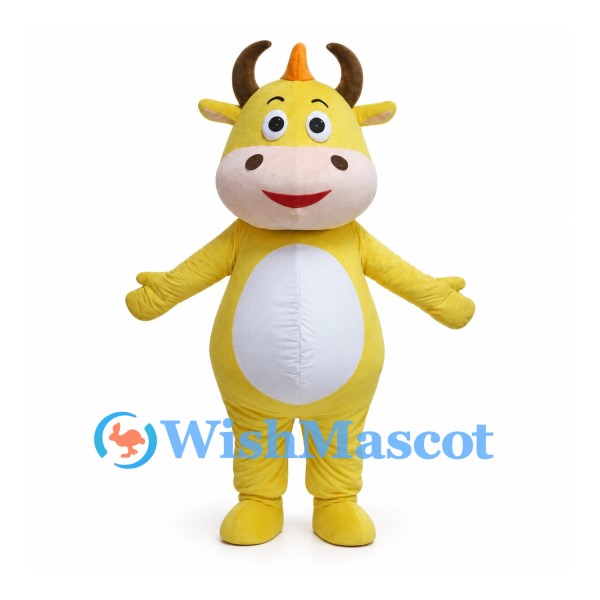 Yellow Cow Mascot Costume with White Belly and Brown Horns