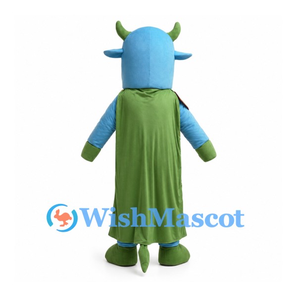 Superhero Bull Mascot Costume in Blue with Green Cape