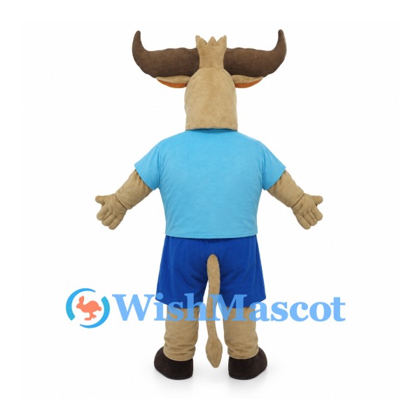 Longhorn Bull Mascot Costume with Light Blue Shirt and Blue Shorts