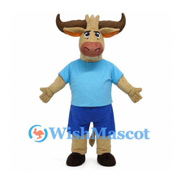Longhorn Bull Mascot Costume with Light Blue Shirt and Blue Shorts