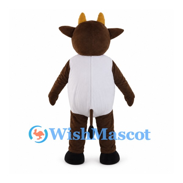 Brown Cow Mascot Costume with White Belly and Yellow Horns