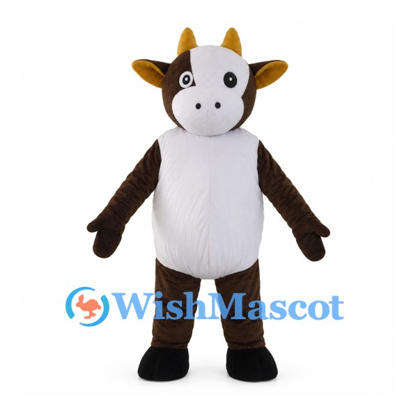Brown Cow Mascot Costume with White Belly and Yellow Horns