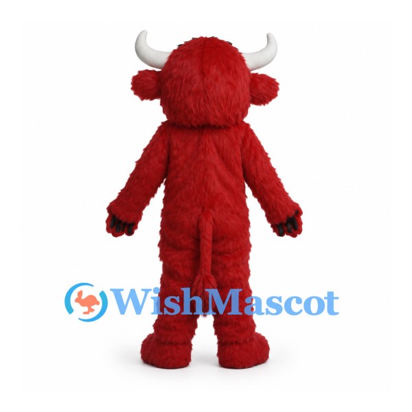 Red Bull Mascot Costume with Shaggy Fur and White Horns