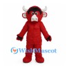 Red Bull Mascot Costume with Shaggy Fur and White Horns