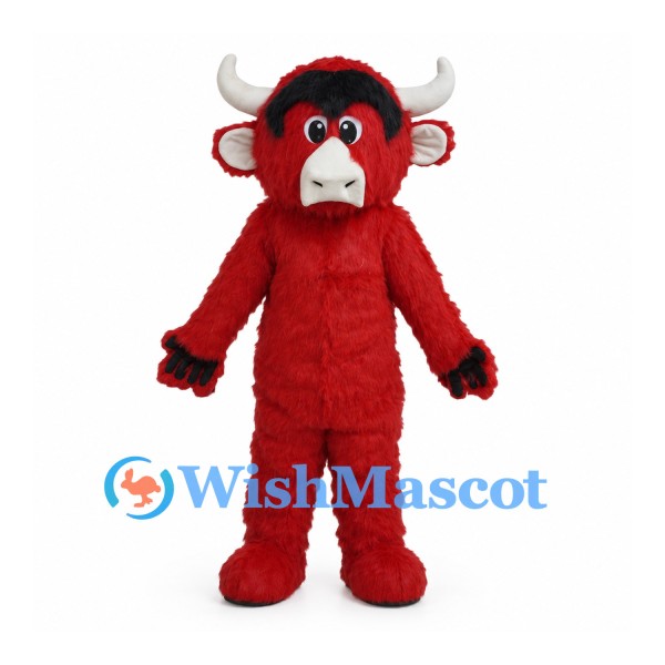 Red Bull Mascot Costume with Shaggy Fur and White Horns