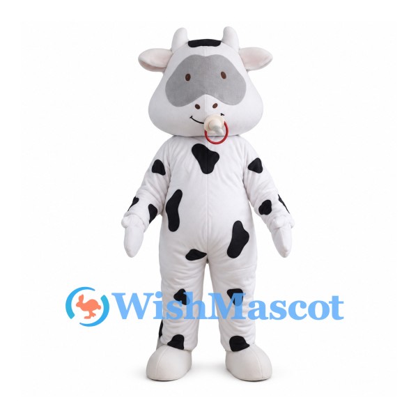 White Cow Mascot Costume with Black Spots and Red Nose Ring