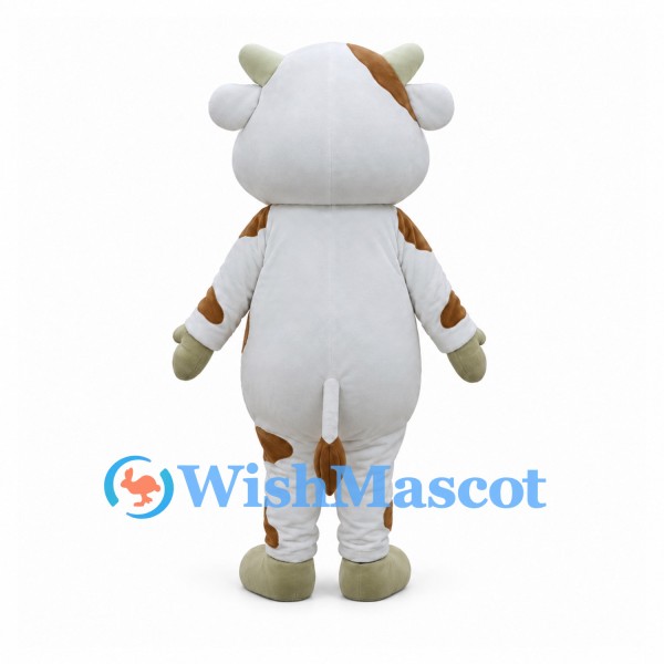 White Cow Mascot Costume with Brown Patches and Large Muzzle