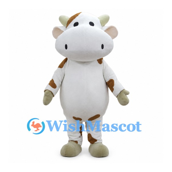 White Cow Mascot Costume with Brown Patches and Large Muzzle