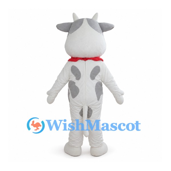 White Cow Mascot Costume with Gray Patches and Red Bandana