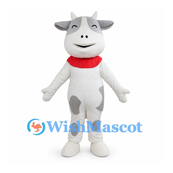 White Cow Mascot Costume with Gray Patches and Red Bandana