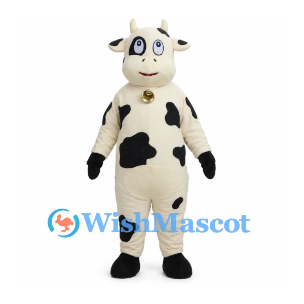 Cream Cow Mascot Costume with Black Spots and Gold Bell