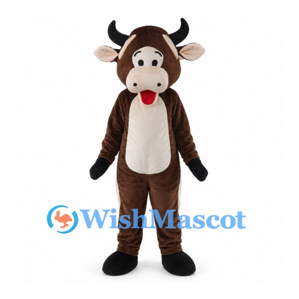 Brown Bull Mascot Costume with Black Horns and Cream Belly