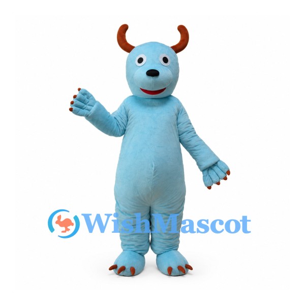 Blue Monster Mascot Costume with Brown Horns and Clawed Paws