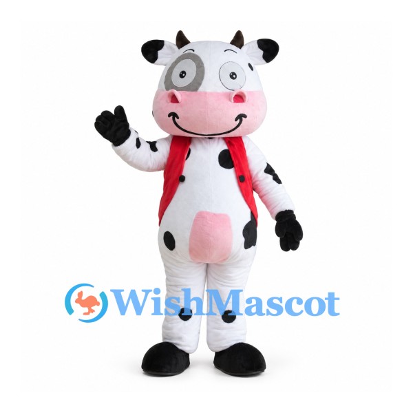 Cow Mascot Costume with Black Spots and Red Waistcoat