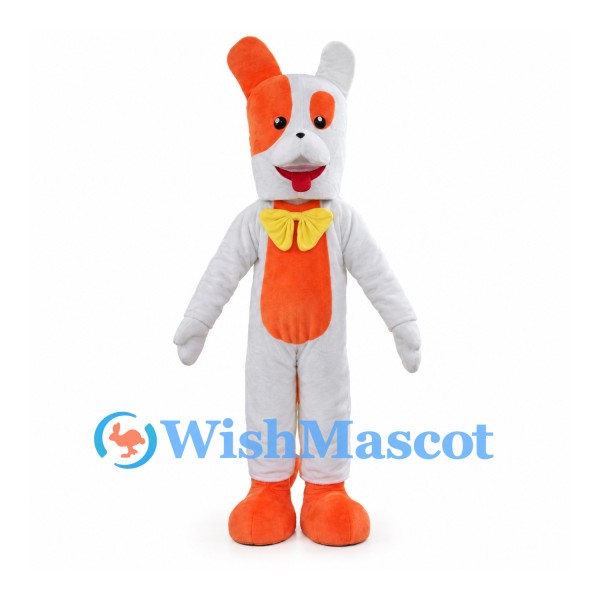 White Dog Mascot Costume with Orange Patches and Yellow Bow Tie