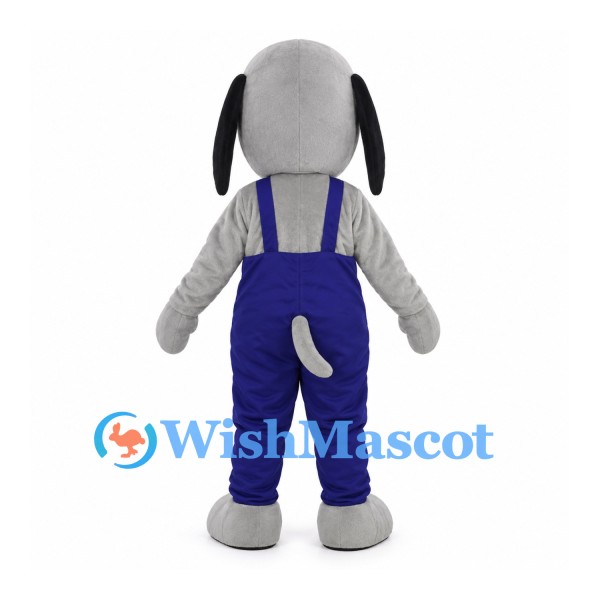Gray Dog Mascot Costume with Navy Overalls and Red Nose