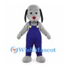 Gray Dog Mascot Costume with Navy Overalls and Red Nose