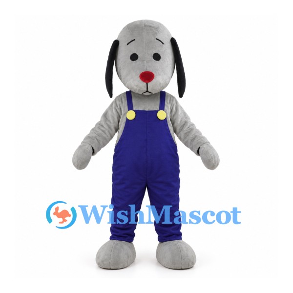 Gray Dog Mascot Costume with Navy Overalls and Red Nose