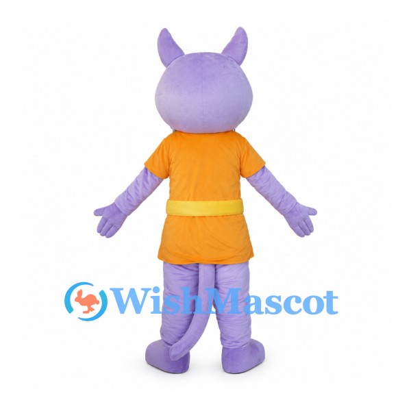 Purple Dog Mascot Costume with Orange Tunic and Yellow Belt