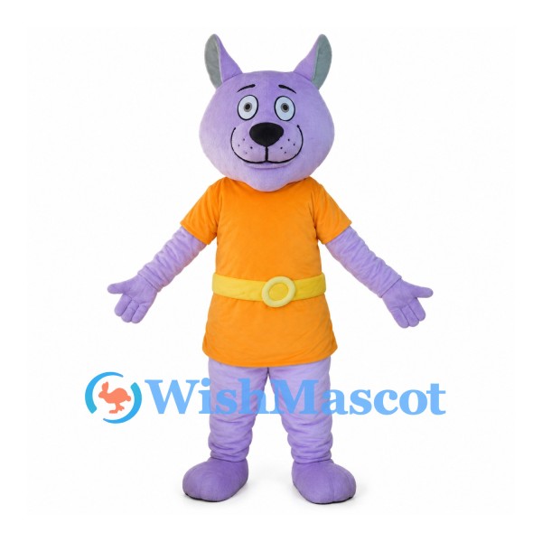 Purple Dog Mascot Costume with Orange Tunic and Yellow Belt
