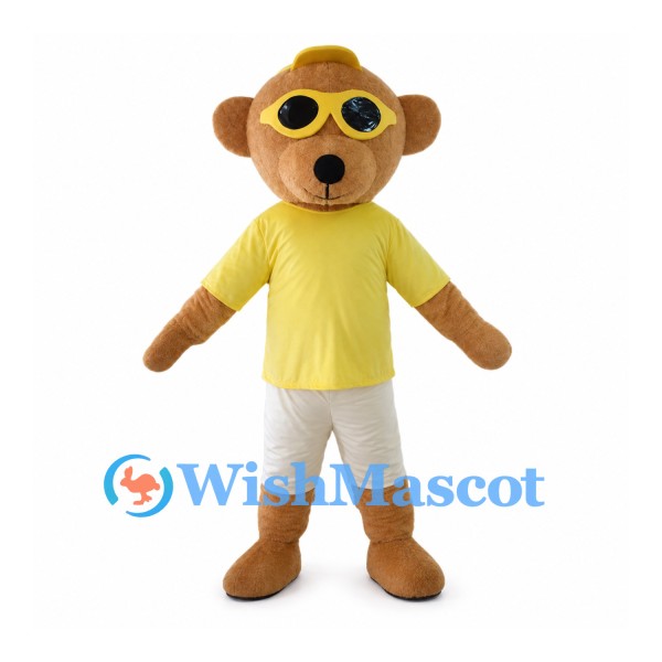 Bear Mascot Costume with Yellow Sunglasses Shirt and White Shorts