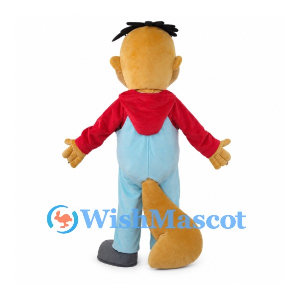 Dog Mascot Costume with Red Hooded Shirt and Light Blue Overalls