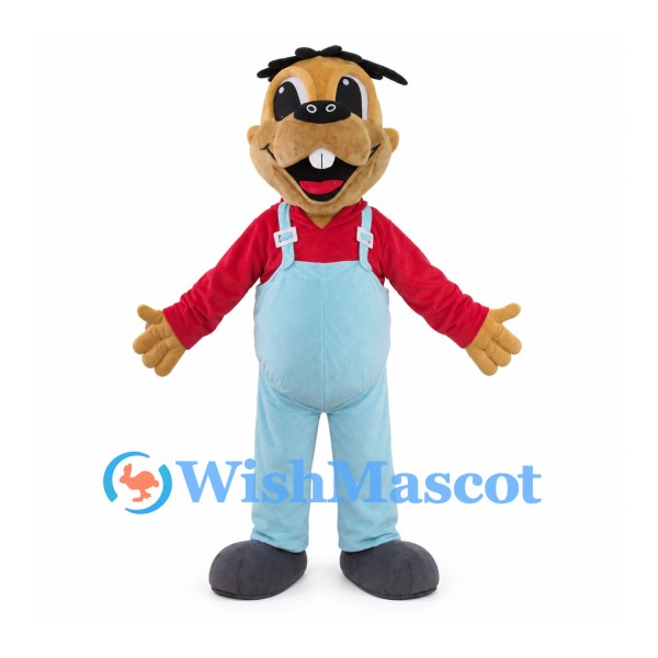 Dog Mascot Costume with Red Hooded Shirt and Light Blue Overalls
