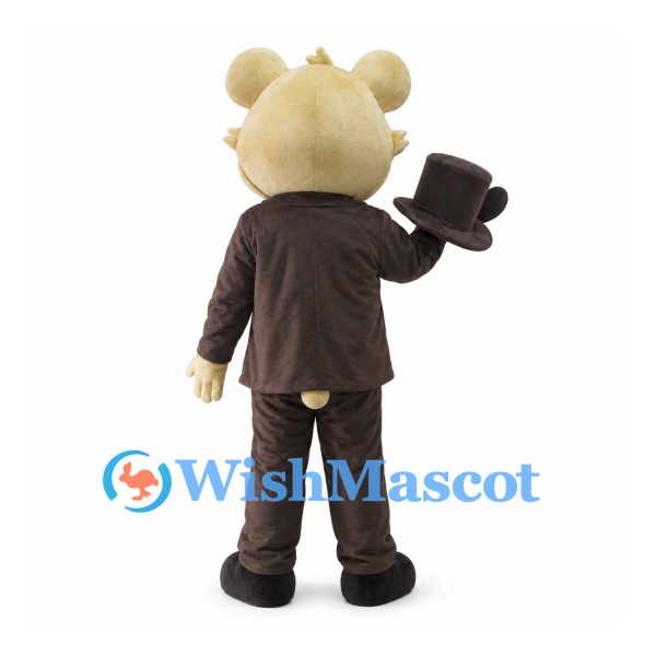 Bear Gentleman Mascot Costume with Brown Suit and Matching Top Hat