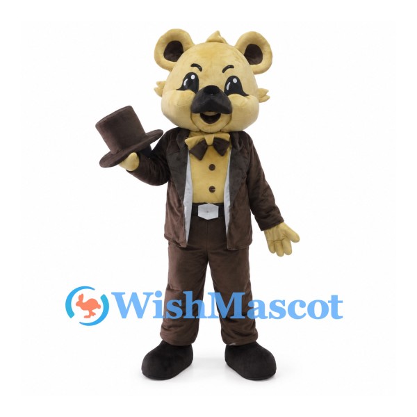 Bear Gentleman Mascot Costume with Brown Suit and Matching Top Hat