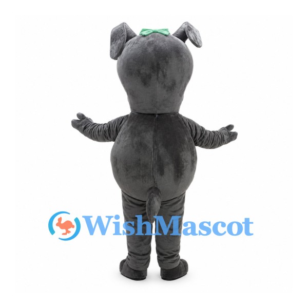 Gray Dog Mascot Costume with Green Hair Bow and Long Pink Tongue