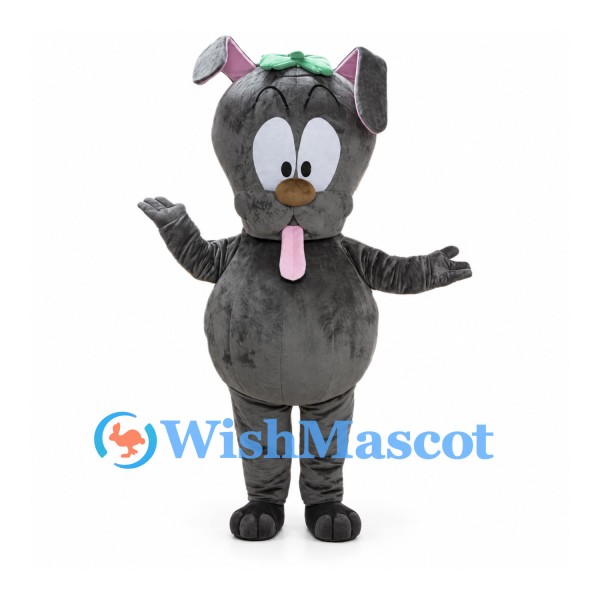Gray Dog Mascot Costume with Green Hair Bow and Long Pink Tongue
