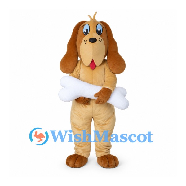 Tan Dog Mascot Costume Holding White Bone