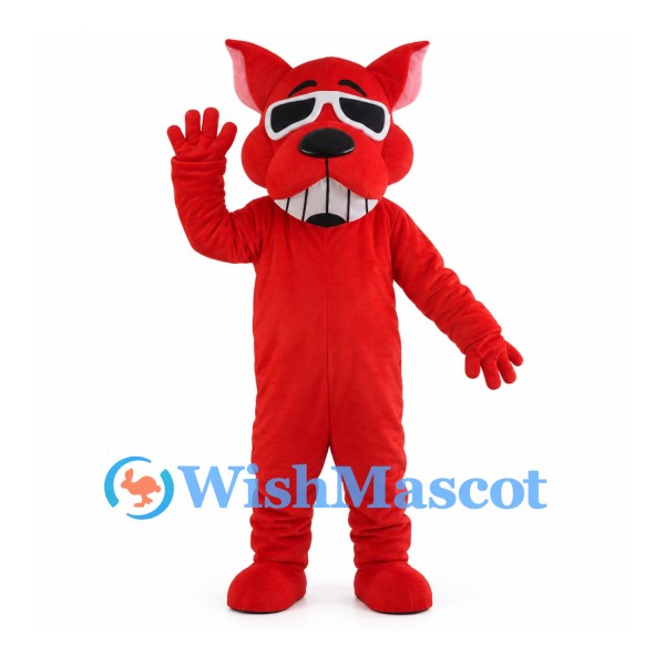 Red Dog Mascot Costume with White Sunglasses and Grinning Teeth