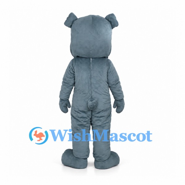 Gray Bulldog Mascot Costume with Blue Eyes and White Teeth