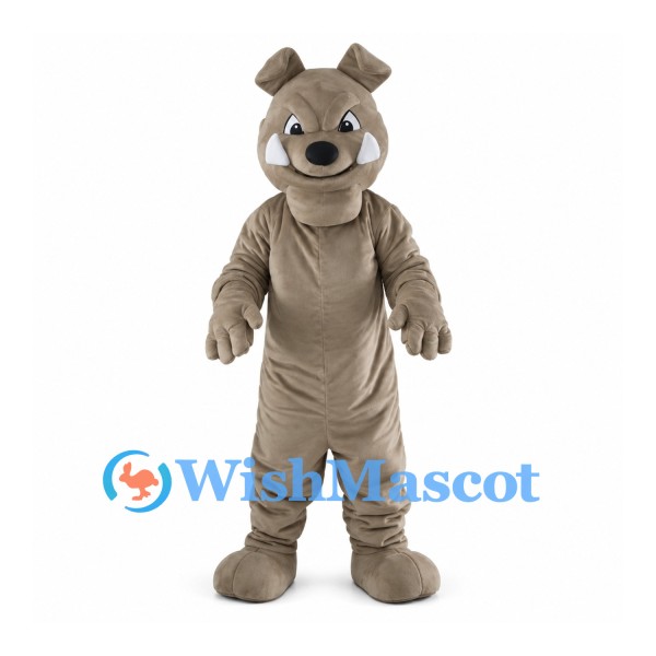 Taupe Bulldog Mascot Costume with Folded Ears and White Fangs