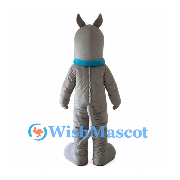 Gray Dog Mascot Costume with Blue Collar and Upright Ears