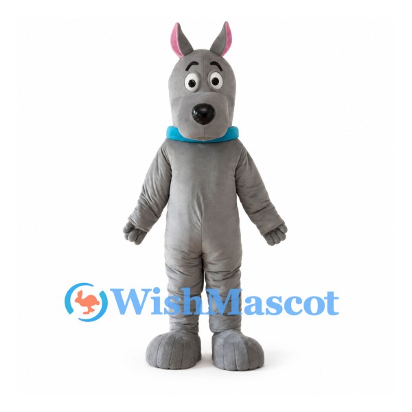 Gray Dog Mascot Costume with Blue Collar and Upright Ears