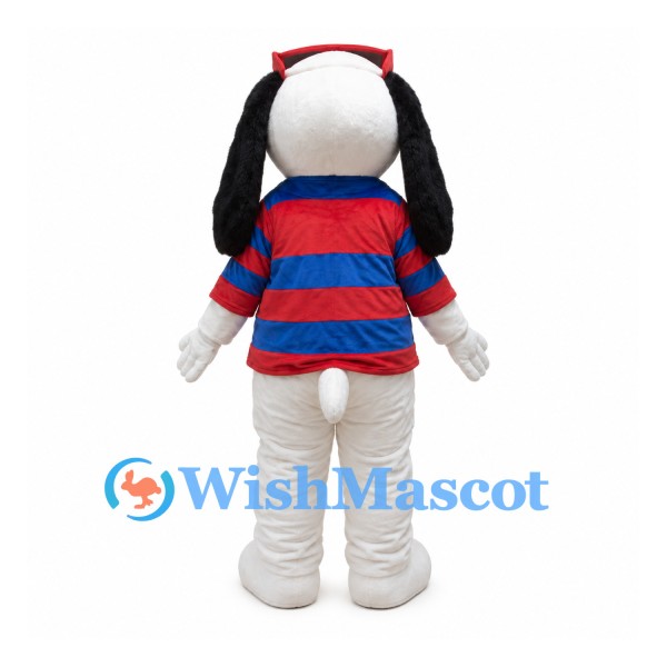 White Dog Mascot Costume with Sunglasses and Red Blue Striped Shirt