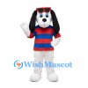 White Dog Mascot Costume with Sunglasses and Red Blue Striped Shirt