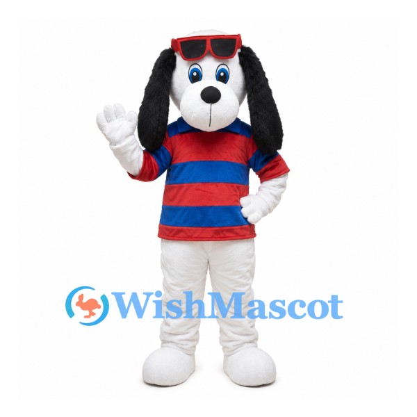 White Dog Mascot Costume with Sunglasses and Red Blue Striped Shirt