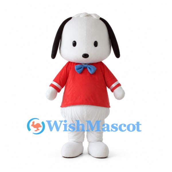 White Dog Mascot Costume with Red Shirt and Blue Bow Tie