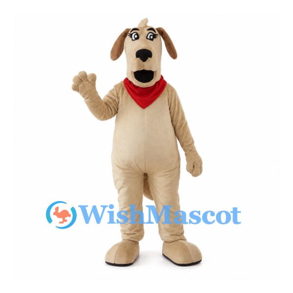 Beige Dog Mascot Costume with Red Bandana and Brown Ears