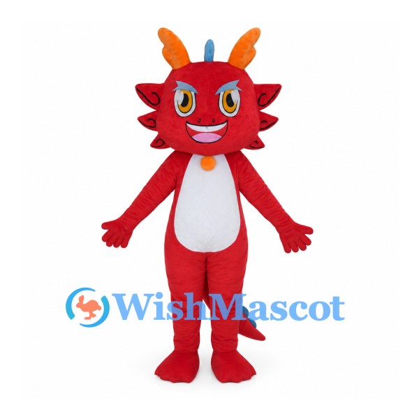 Red Dragon Mascot Costume with Orange Horns and White Belly