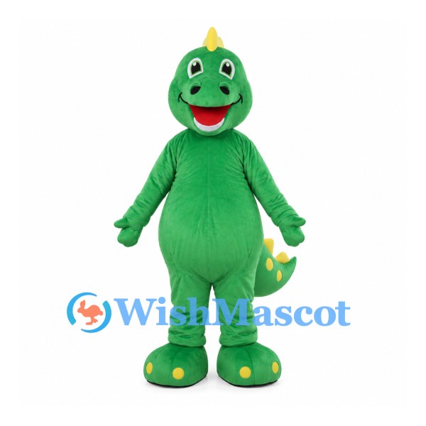 Green Dinosaur Mascot Costume with Yellow Spikes and Spotted Feet