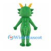 Green Dragon Mascot Costume with Yellow Horns and White Belly