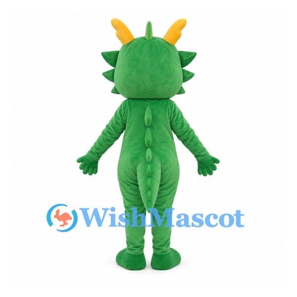 Green Dragon Mascot Costume with Yellow Horns and White Belly