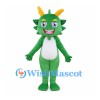 Green Dragon Mascot Costume with Yellow Horns and White Belly