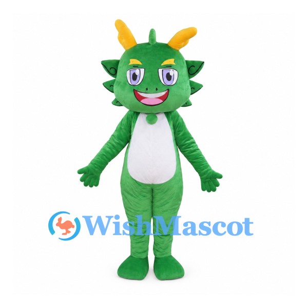 Green Dragon Mascot Costume with Yellow Horns and White Belly