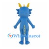 Blue Dragon Mascot Costume with Yellow Horns and White Belly