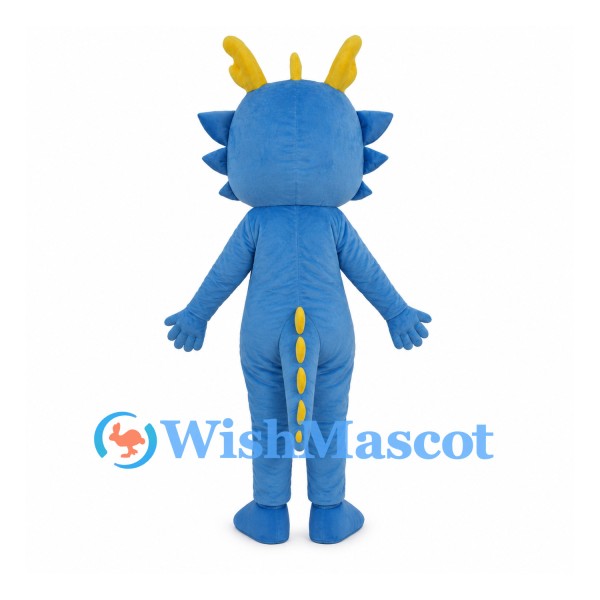 Blue Dragon Mascot Costume with Yellow Horns and White Belly
